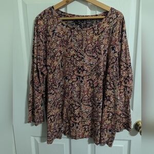 Lucky Brand Womens Top Plus Size 2X Blue Floral Long Sleeve Shirt Boho